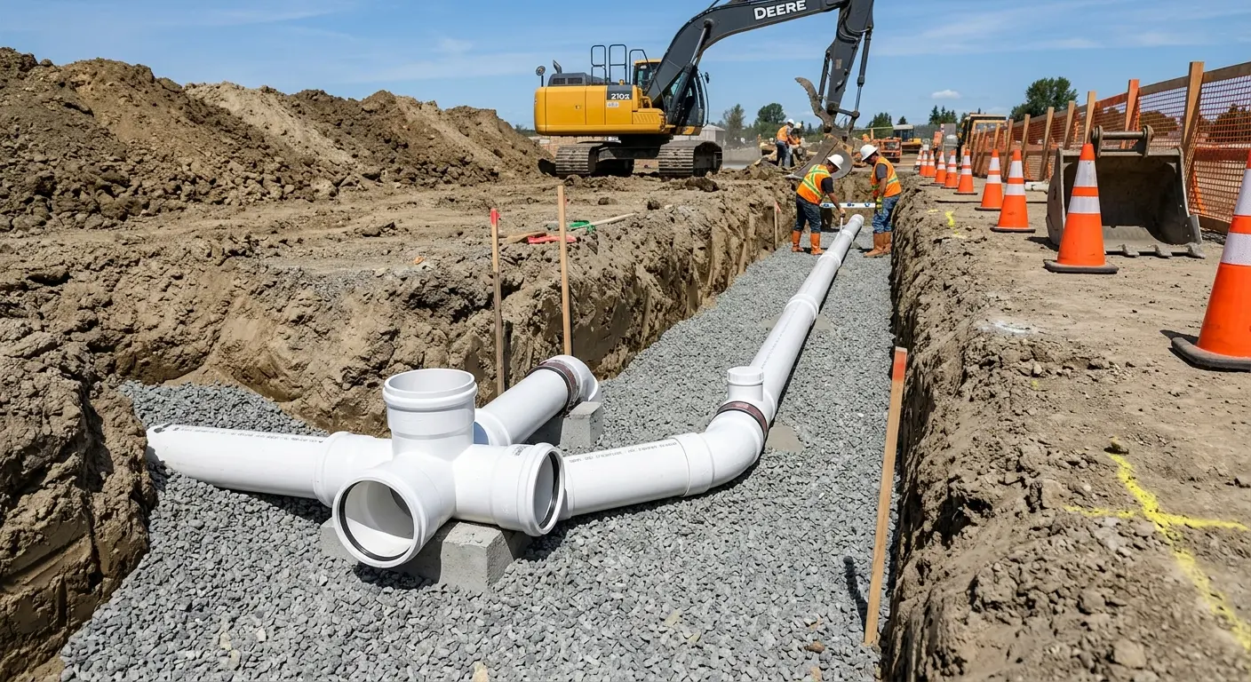 New PVC sewer pipe installation in open trench for Commercial Drain Cleaning in Covington